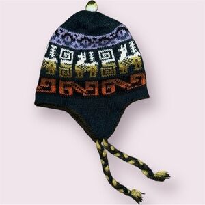 Alpaca Wool Chullo Reversible Blue Beanie Peru Cusco Hippie Handmade Soft Warm